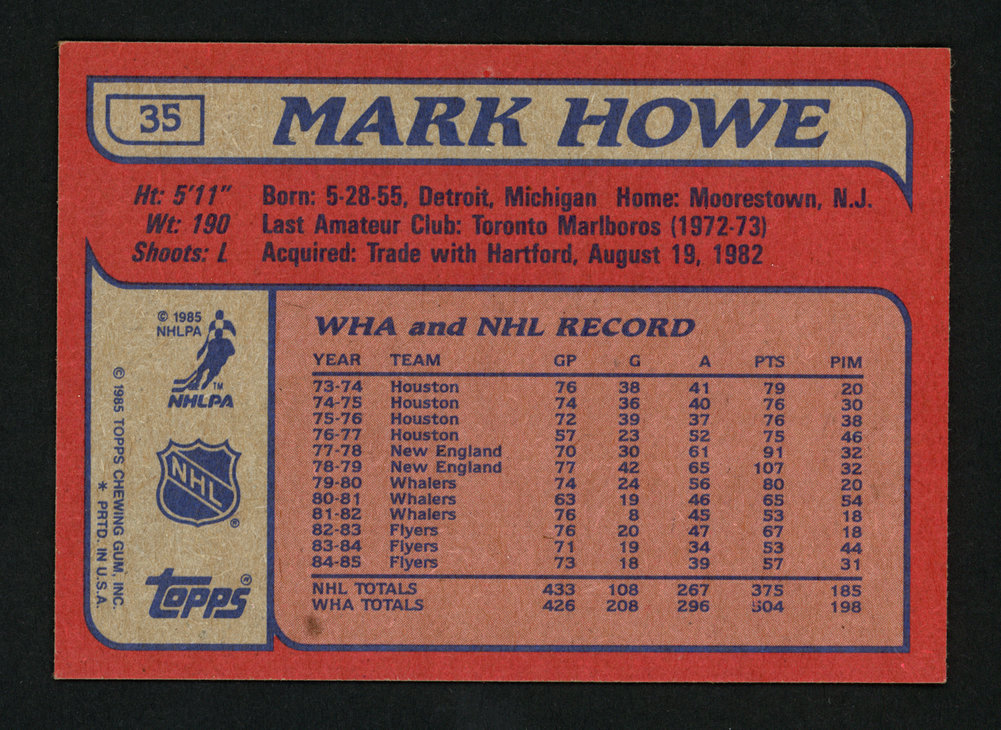 Mark Howe Autographed 1985-86 Topps Card #35 Philadelphia Flyers #154135 Image a