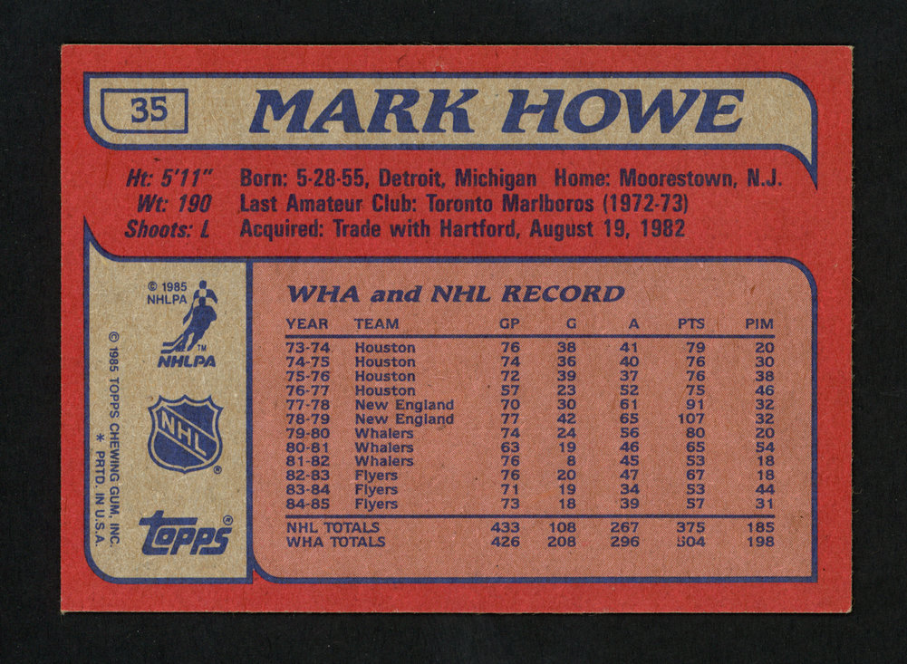 Mark Howe Autographed 1985-86 Topps Card #35 Philadelphia Flyers #154136 Image a