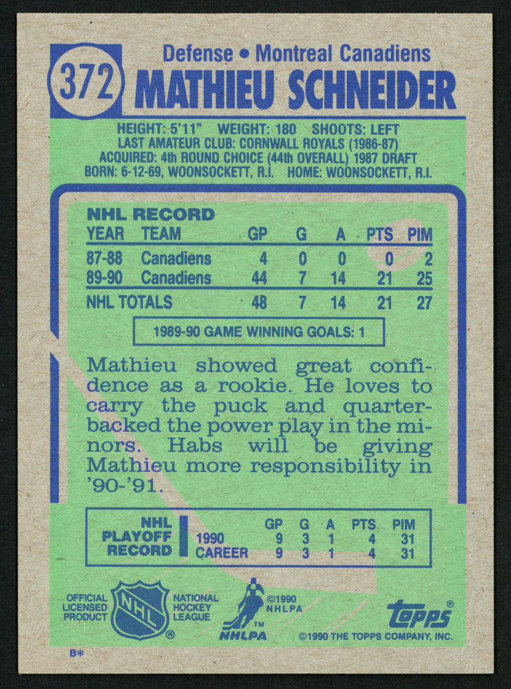 Mathieu Schneider Autographed Signed 1990-91 Topps Rookie Card #372 Montreal Canadiens #150159 Image a
