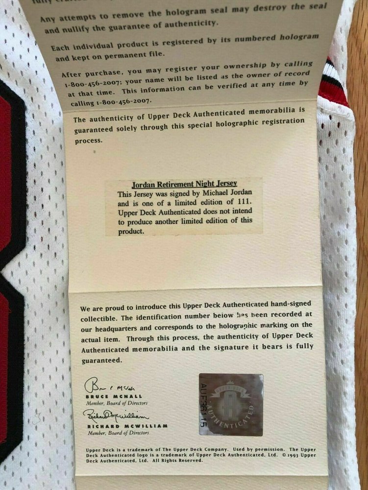 Michael Jordan Autographed Signed UDA UDA Autograph 11/1/94 Retirement Jersey 25/111 Image a