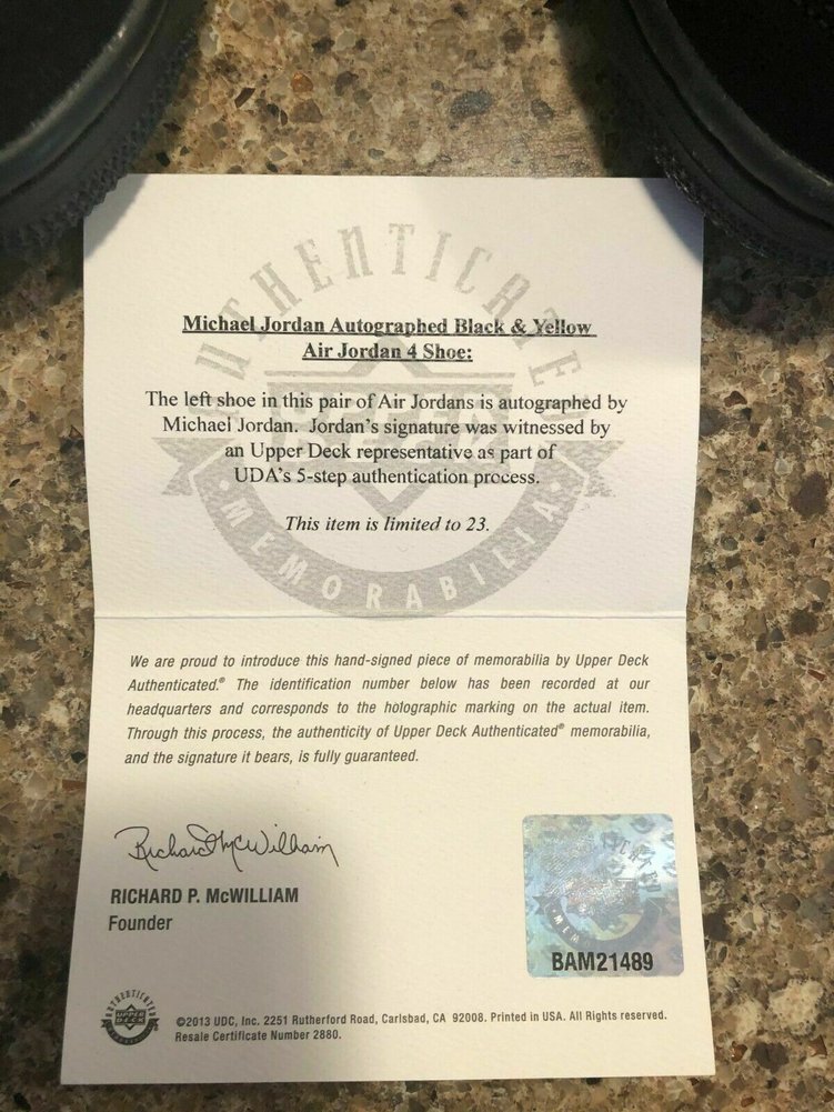 Michael Jordan Autographed Signed UDA UDA Autograph Black & Yellow 4 Shoes 1/23 W/Box Image a