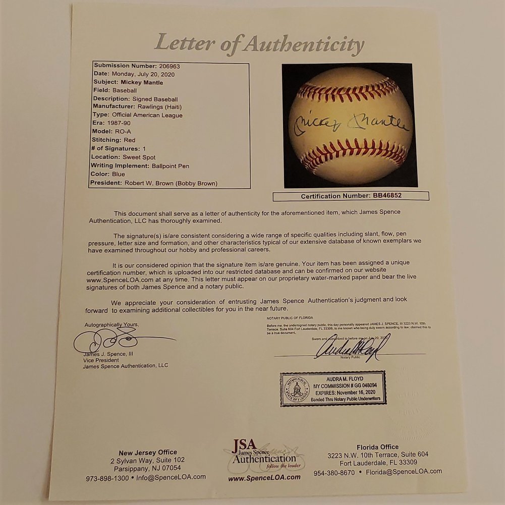 Mickey Manlte Autographed Signed Official Al Baseball - JSA Full Letter Image a