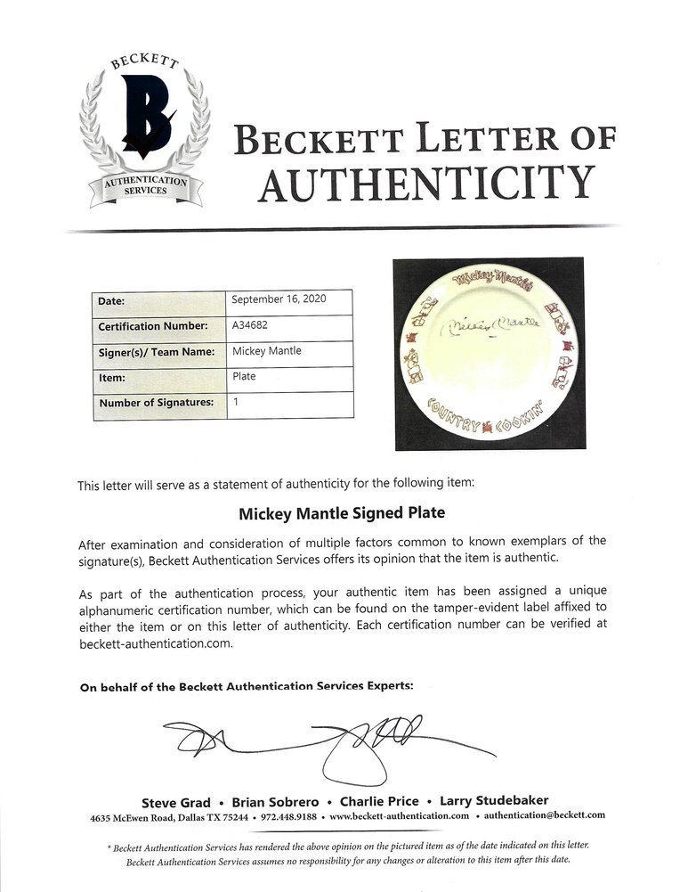 Mickey Mantle Autographed Mickey Mantle's Country Cooking' Restaurant Plate New York Yankees Beckett Beckett Image a