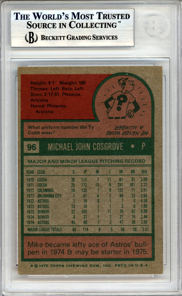Mike Cosgrove Autographed 1975 Topps Card #96 Houston Astros Beckett Beckett Image a