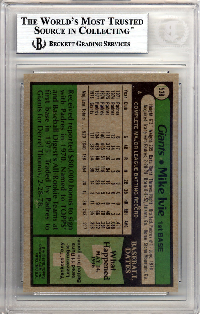 Mike Ivie Autographed 1979 Topps Card #538 San Diego Padres Beckett Beckett Image a