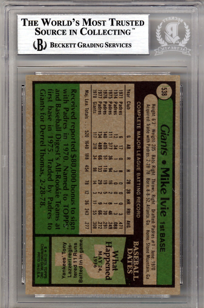 Mike Ivie Autographed 1979 Topps Card #538 San Diego Padres Beckett Beckett Image a
