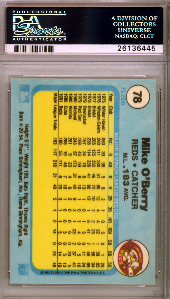 Mike O'berry Autographed Signed Mike O'berry 1982 Fleer Card #78 Cincinnati Reds PSA/DNA Image a
