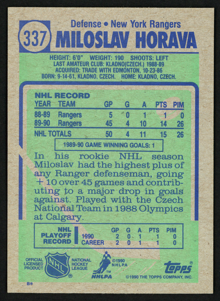 Miloslav Horava Autographed Signed 1990-91 Topps Rookie Card #337 New York Rangers #150166 Image a