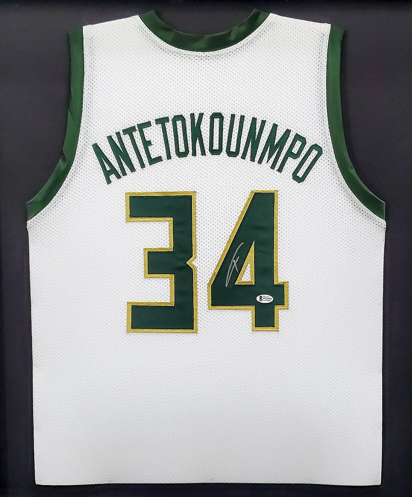 Milwaukee Bucks Giannis Antetokounmpo Autographed Framed White Jersey Beckett Beckett Image a
