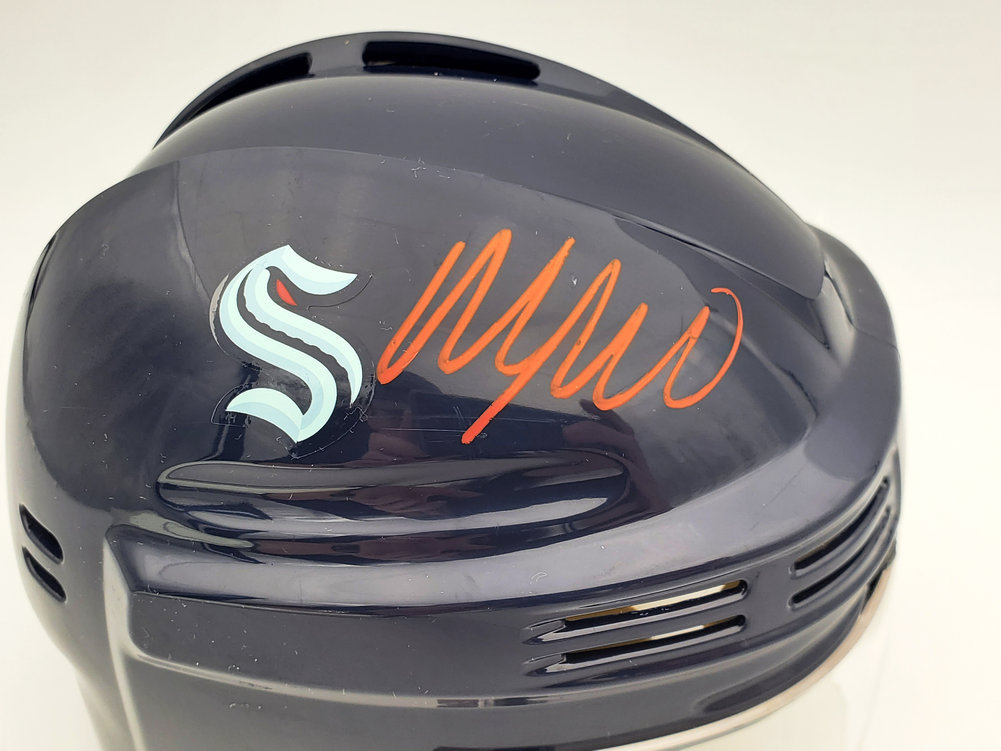 Morgan Geekie Autographed Seattle Kraken Blue Mini Helmet Fanatics Holo #197085 Image a