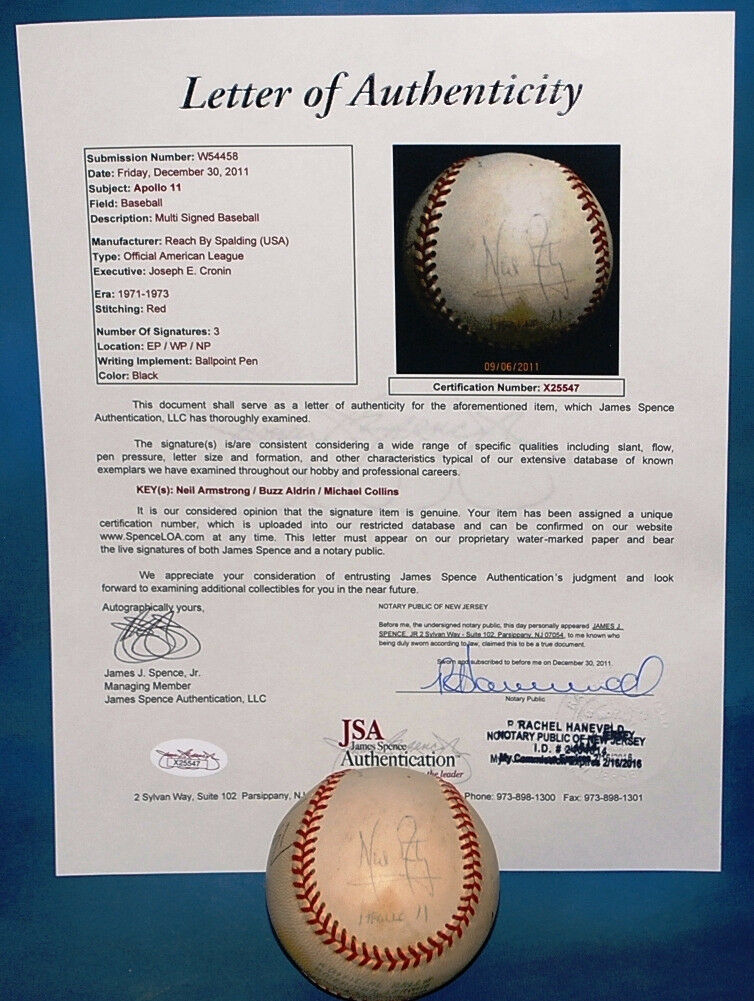 Neil Armstrong Autographed Signed Buzz Aldrin Mike Collins Apollo 11 Crew Baseball JSA Image a