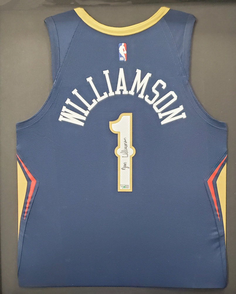 New Orleans Pelicans Zion Williamson Autographed Framed Blue Nike Jersey Fanatics Image a