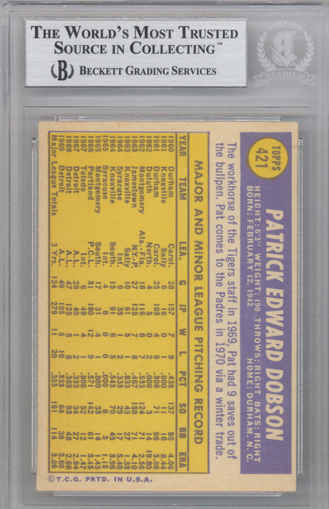 Pat Dobson Autographed 1970 Topps Card #421 San Diego Padres Beckett Beckett Image a