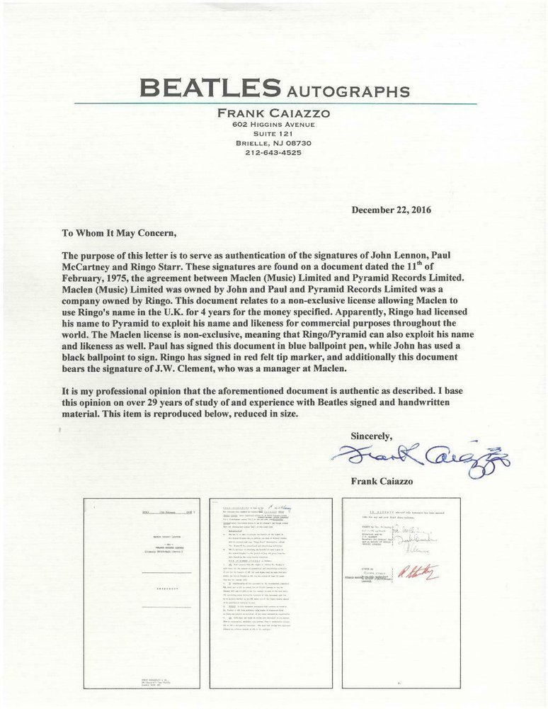 Paul Mccartney Autographed Signed /John Lennon/Ringo Pyramid 3 Page Doc. PSA/Caiazzo- Beatles Image a