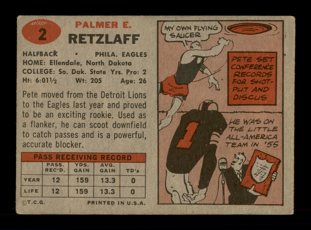 Pete Retzlaff Autographed 1957 Topps Rookie Card #2 Philadelphia Eagles #198071 Image a