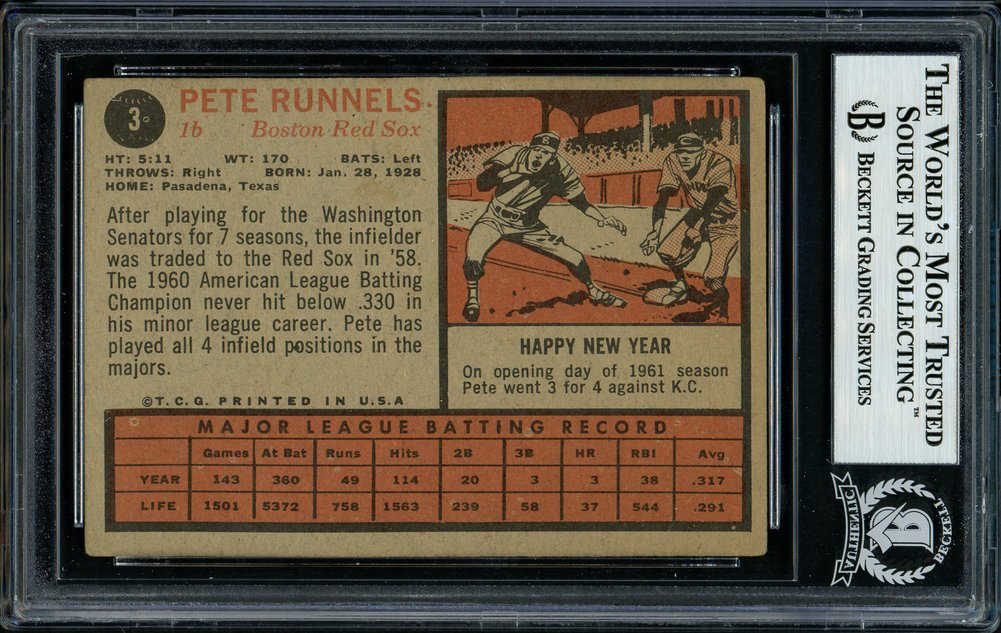 Pete Runnels Autographed 1962 Topps Card #3 Boston Red Sox Beckett Beckett Image a