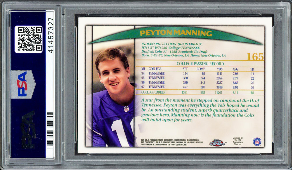 Peyton Manning Autographed Signed 1998 Topps Chrome Rookie Card #165 Indianapolis Colts PSA/DNA Image a