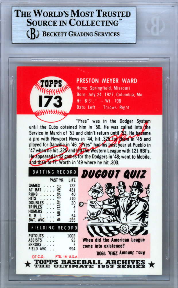 Preston Ward Autographed 1953 Topps Archives Card #173 Chicago Cubs Beckett Beckett Image a