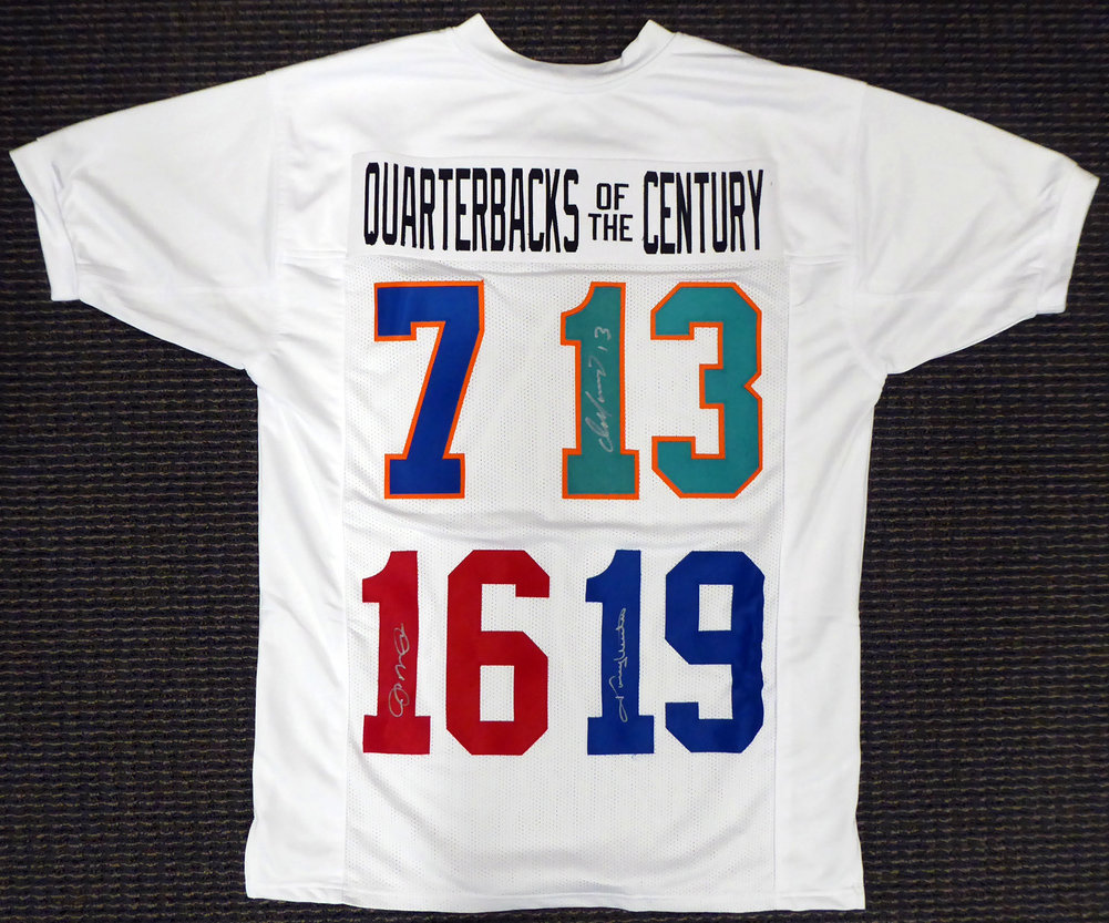 Quarterbacks Of The Century Autographed White Jersey Unitas, Marino & Montana Beckett Beckett Image a