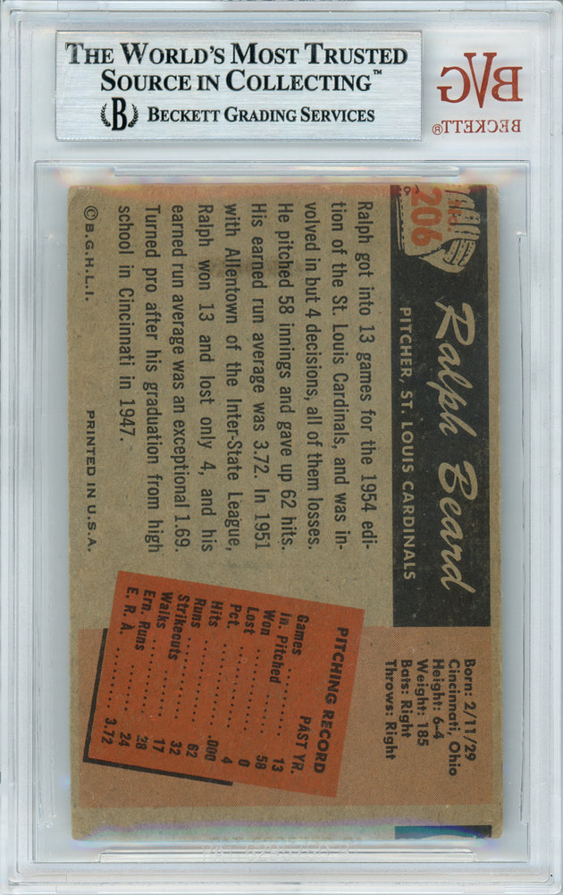 Ralph Beard Autographed 1955 Bowman Card #206 St. Louis Cardinals Beckett Beckett Image a