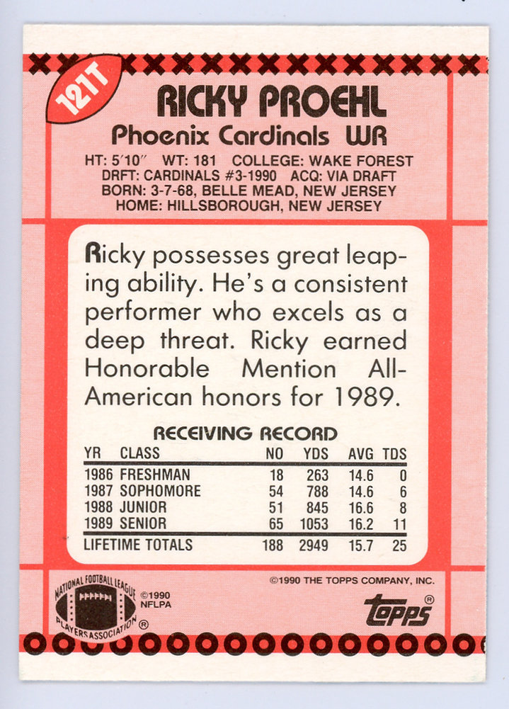 Ricky Proehl Autographed 1990 Topps Traded Card #121T Phoenix Cardinals #134724 Image a