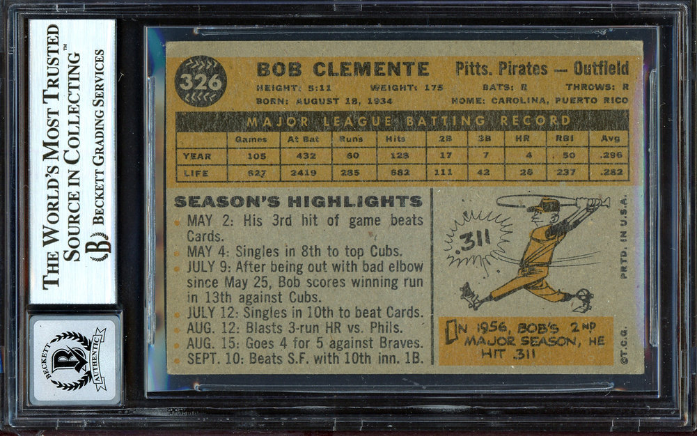 Roberto Clemente Autographed Signed 1960 Topps Card #326 Pittsburgh Pirates Auto Grade Gem Mint 10 Beckett Beckett Image a