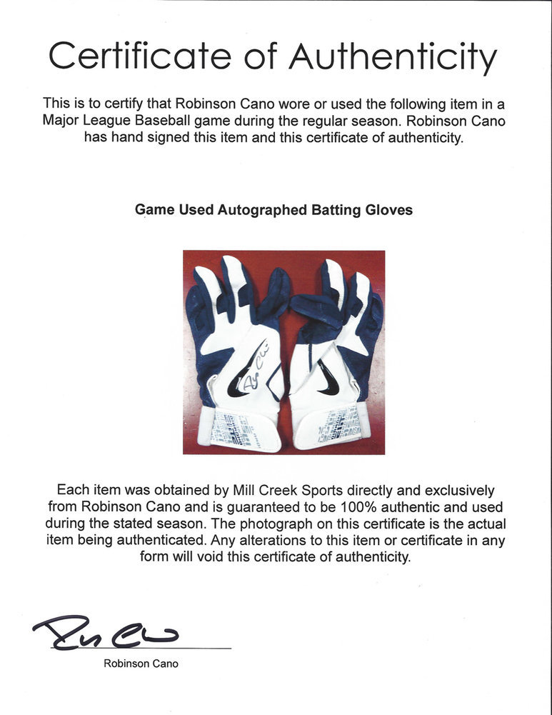 Robinson Cano Autographed Signed Pair Of Game Used Nike Batting Gloves With Certificate #113654 Image a