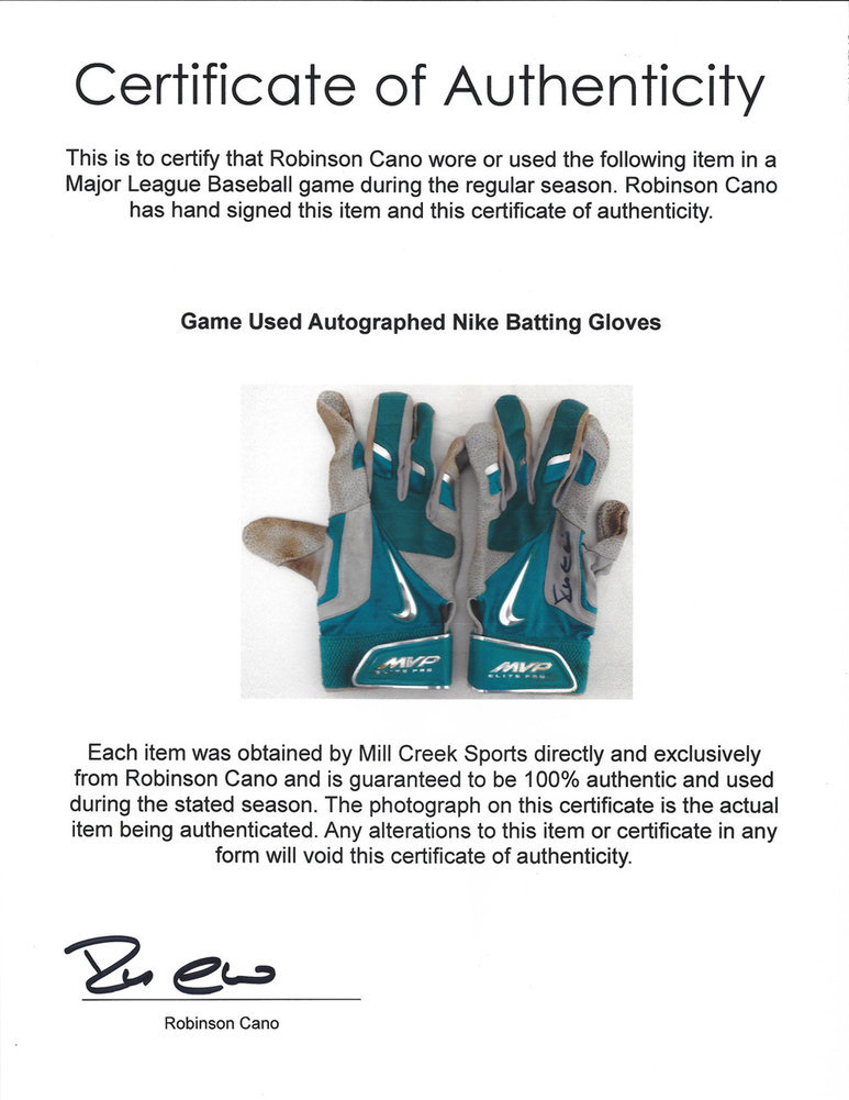 Robinson Cano Autographed Signed Seattle Mariners Game Used Nike Batting Gloves With Certificate #138704 Image a