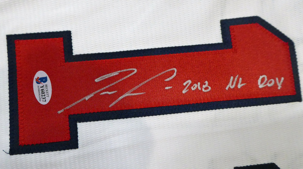 Atlanta Braves Ronald Acuna Jr. Autographed Signed Majestic Cool Base White Jersey Size L "2018 Nl Roy" Beckett Beckett Image a