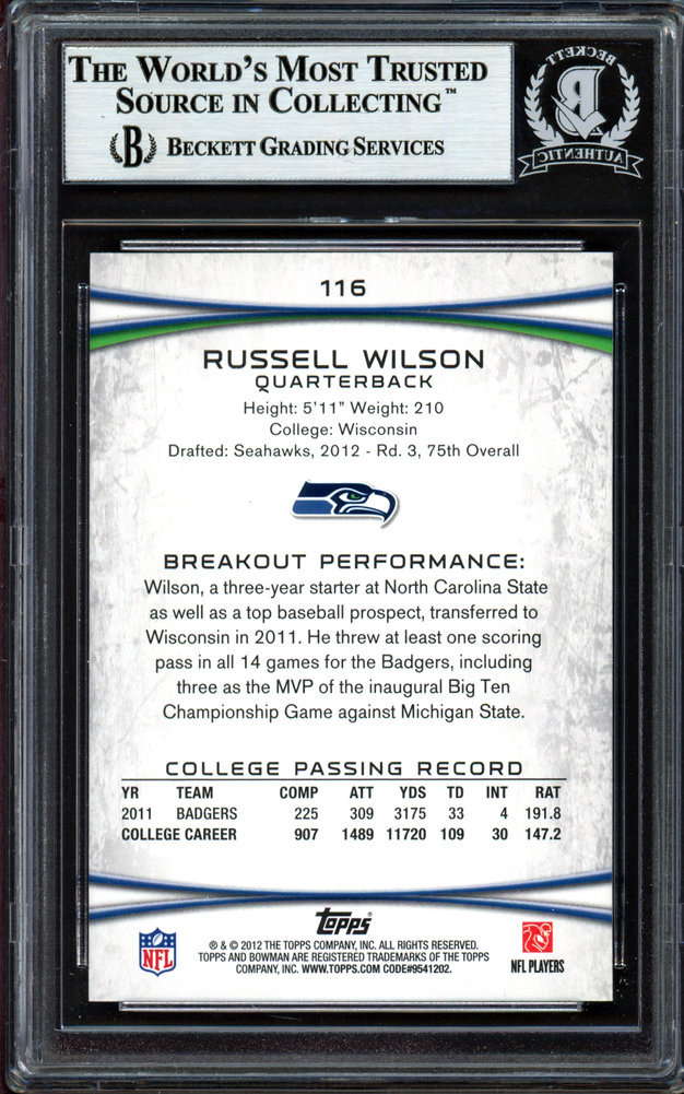 Russell Wilson Autographed Signed 2012 Bowman Rookie Card #116 Seattle Seahawks Beckett Beckett Image a