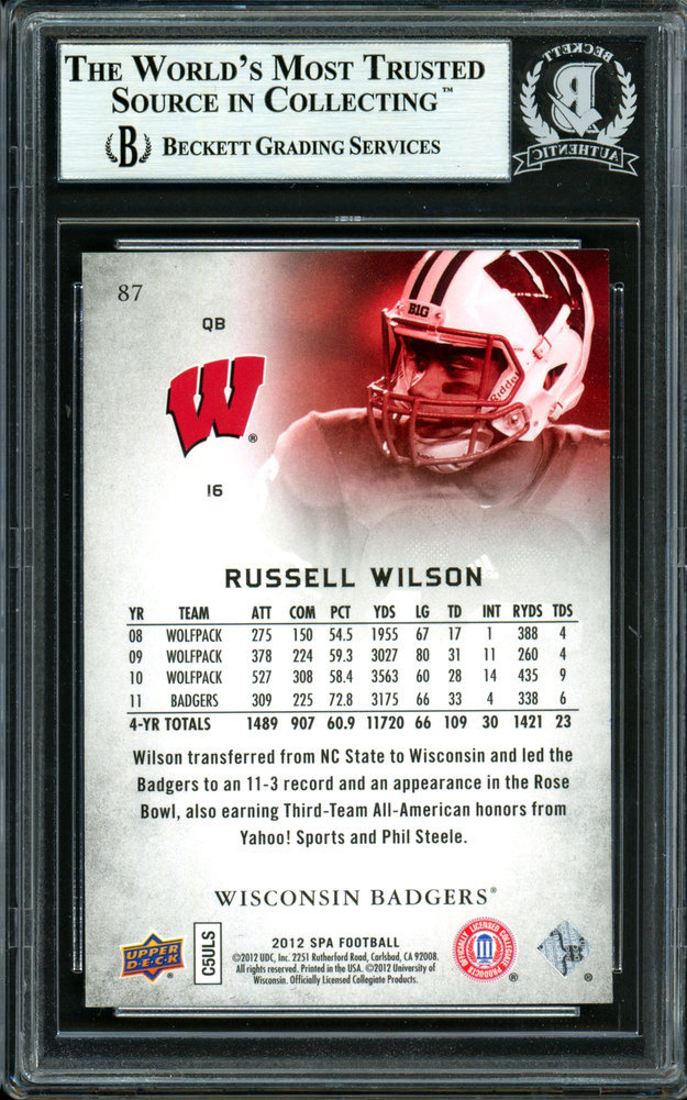 Russell Wilson Autographed Signed 2012 Sp Authentic Rookie Card #87 Seattle Seahawks Beckett Beckett Image a