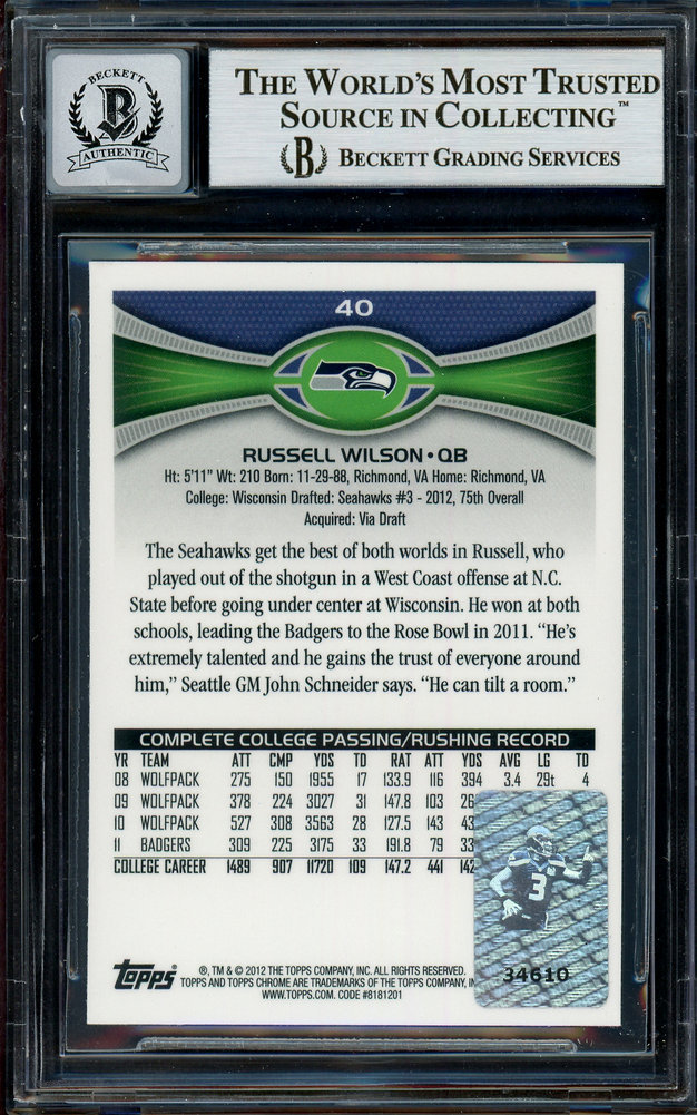Russell Wilson Autographed Signed 2012 Topps Chrome Card #40 Seattle Seahawks Auto Grade Gem Mint 10 Beckett Beckett Image a
