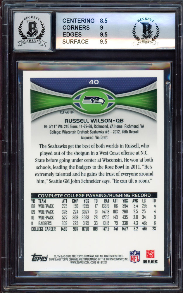 Russell Wilson Autographed 2012 Topps Chrome Orange Refractor Rookie Card  #40 Seattle Seahawks BGS 9 Auto Grade Gem Mint 10 Beckett BAS #15530059 -  Mill Creek Sports