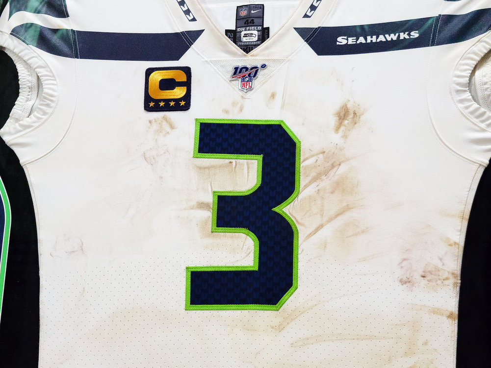 Russell Wilson Framed Game Used Seattle Seahawks White Nike Jersey With Captain's Patch & NFL 100 Logo Unsigned #203517 Image a