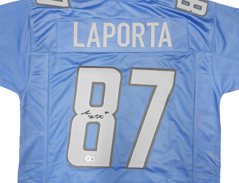 Detroit Lions Sam Laporta Autographed Blue Jersey Beckett Beckett Witness #225898 Image a