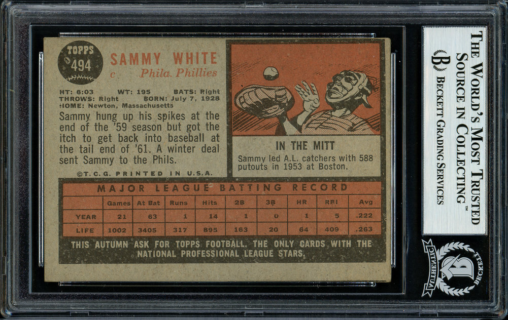 Sammy White Autographed 1962 Topps Card #494 Philadelphia Phillies Beckett Beckett Image a
