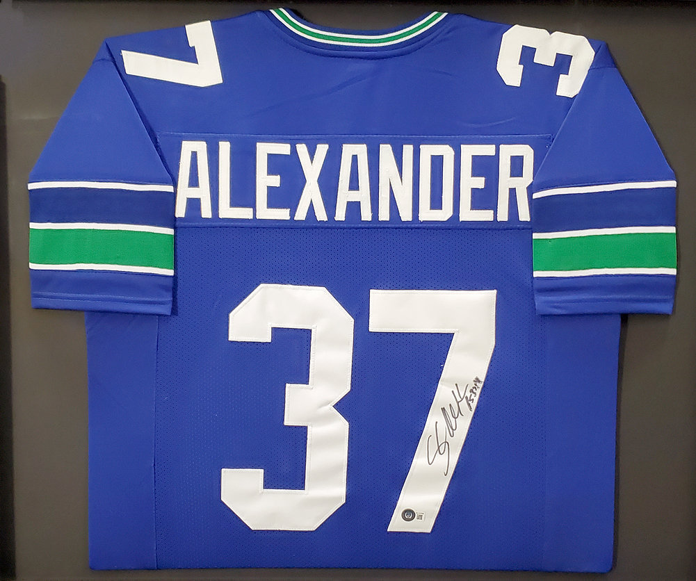 Seattle Seahawks Shaun Alexander Autographed Framed Blue Jersey Beckett Beckett Image a