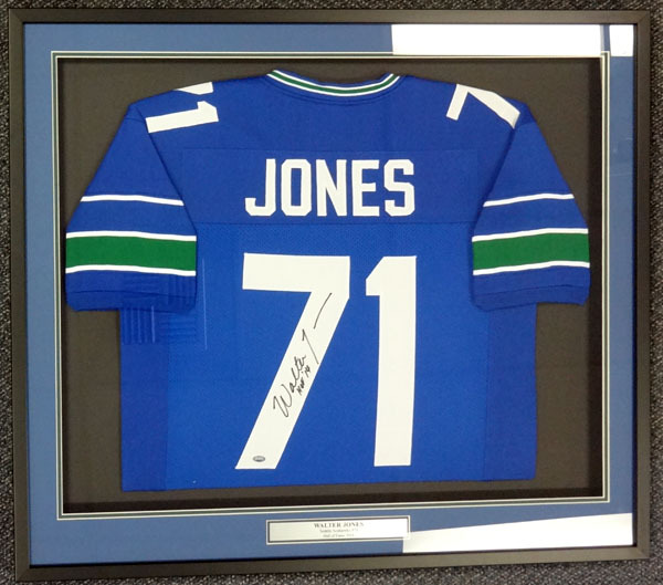Seattle Seahawks Walter Jones Autographed Framed Blue Jersey Mcs Holo #90485 Image a