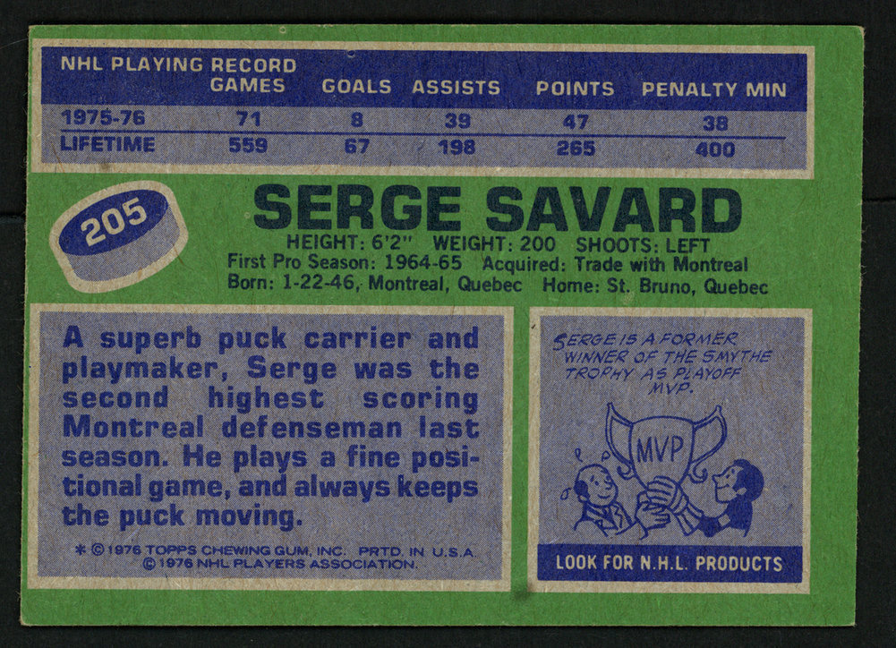 Serge Savard Autographed Signed 1976-77 Topps Card #205 Montreal Canadiens #150191 Image a