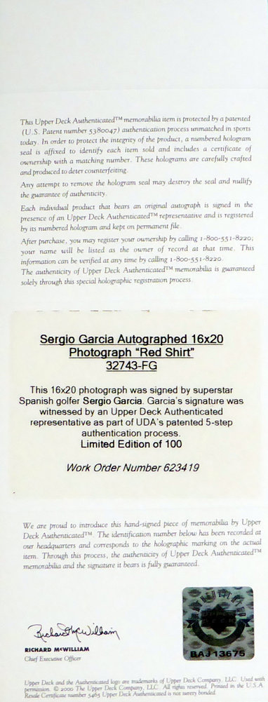 Sergio Garcia Autographed Framed 16X20 Photo Le #/100 UDA Holo #146665 Image a