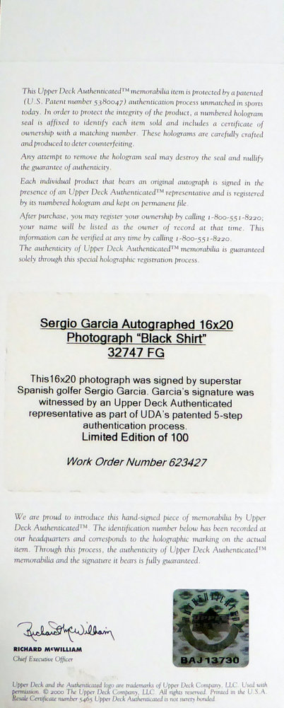 Sergio Garcia Autographed Framed 16X20 Photo Le #/100 UDA Holo #146666 Image a