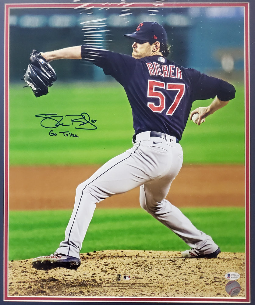Shane Bieber Autographed Framed 16X20 Photo Cleveland Indians "Go Tribe" Beckett Beckett Image a