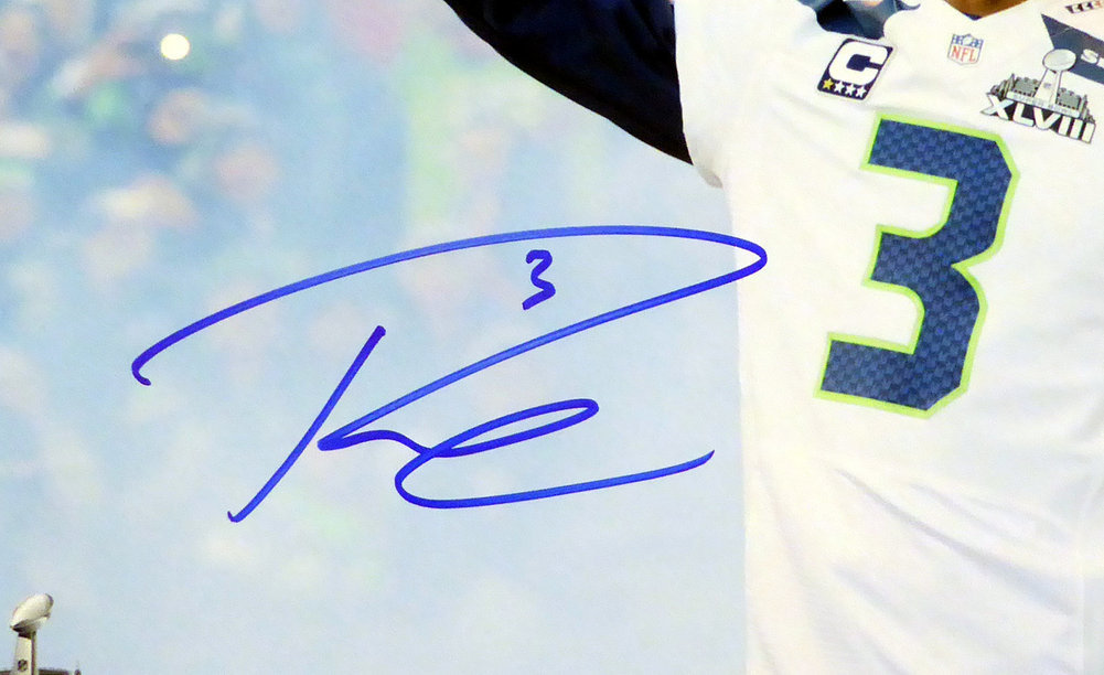 Russell Wilson Autographed Signed 16X20 Photo Seattle Seahawks Super Bowl Trophy Rw Holo #95144 Image a