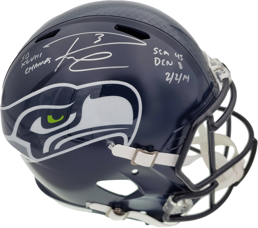 Russell Wilson Autographed Signed Seattle Seahawks Full Size Replica Speed Helmet Sb Xlviii Champs, Sea 43 Den 8, 2/2/14 Limited Edition #/48 Rw Holo #105818 Image a