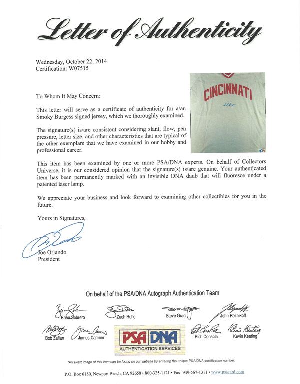 Smoky Burgess Autographed Signed Cincinnati Reds White Jersey PSA/DNA
