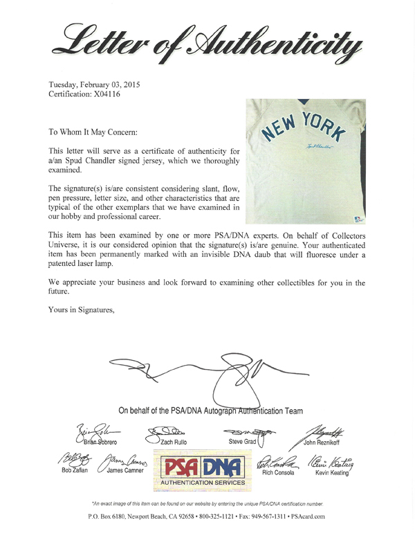 New York Yankees Spud Chandler Autographed Gray Jersey PSA/DNA Image a