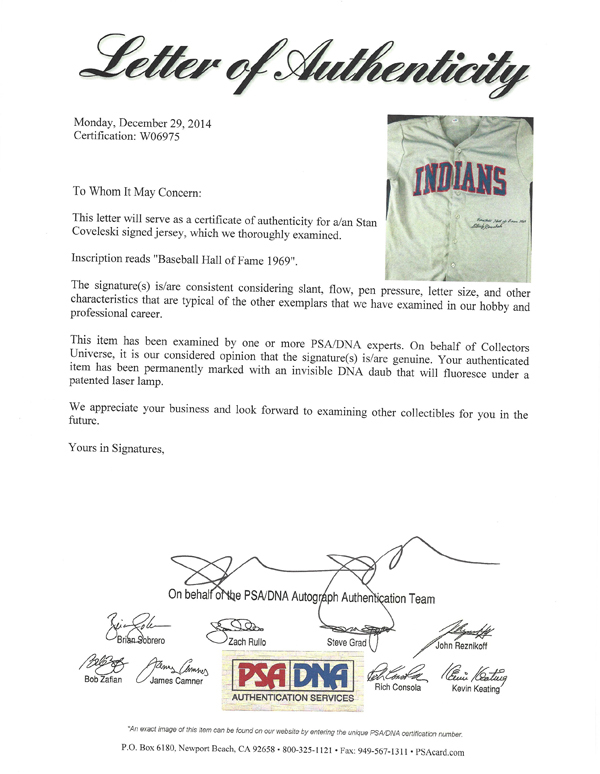Stan Coveleski Autographed Cleveland Indians Jersey Baseball Hall Of Fame  1969 PSA/DNA #W06975