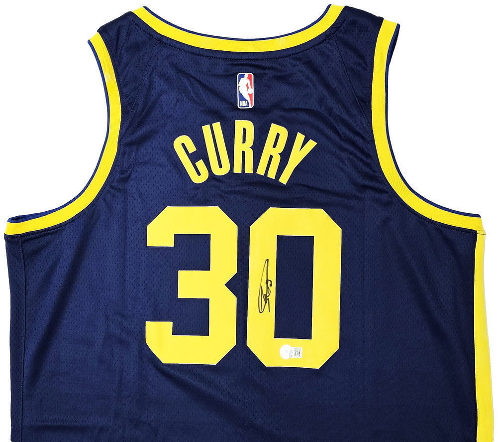 Golden State Warriors Stephen Curry Autographed Blue Jordan Statement Edition Jersey Size 48 Beckett Beckett Qr #216024 Image a