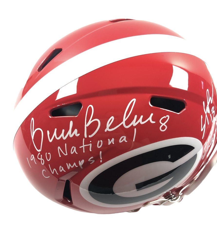 Stetson Bennett IV and Buck Belue Autographed Signed Georgia Bulldogs Riddell Full Size Speed Replica Helmet with 1980 National Champs! & 2021 National Champs Inscriptions - Beckett QR Authentic Image a