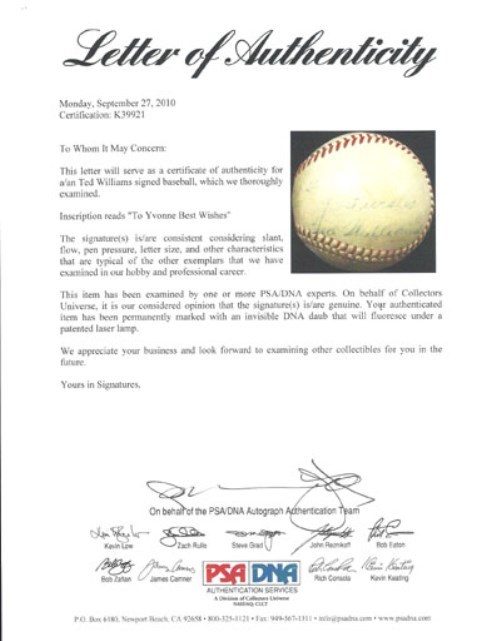 Ted Williams Autographed Official AL Harridge Baseball Boston Red
